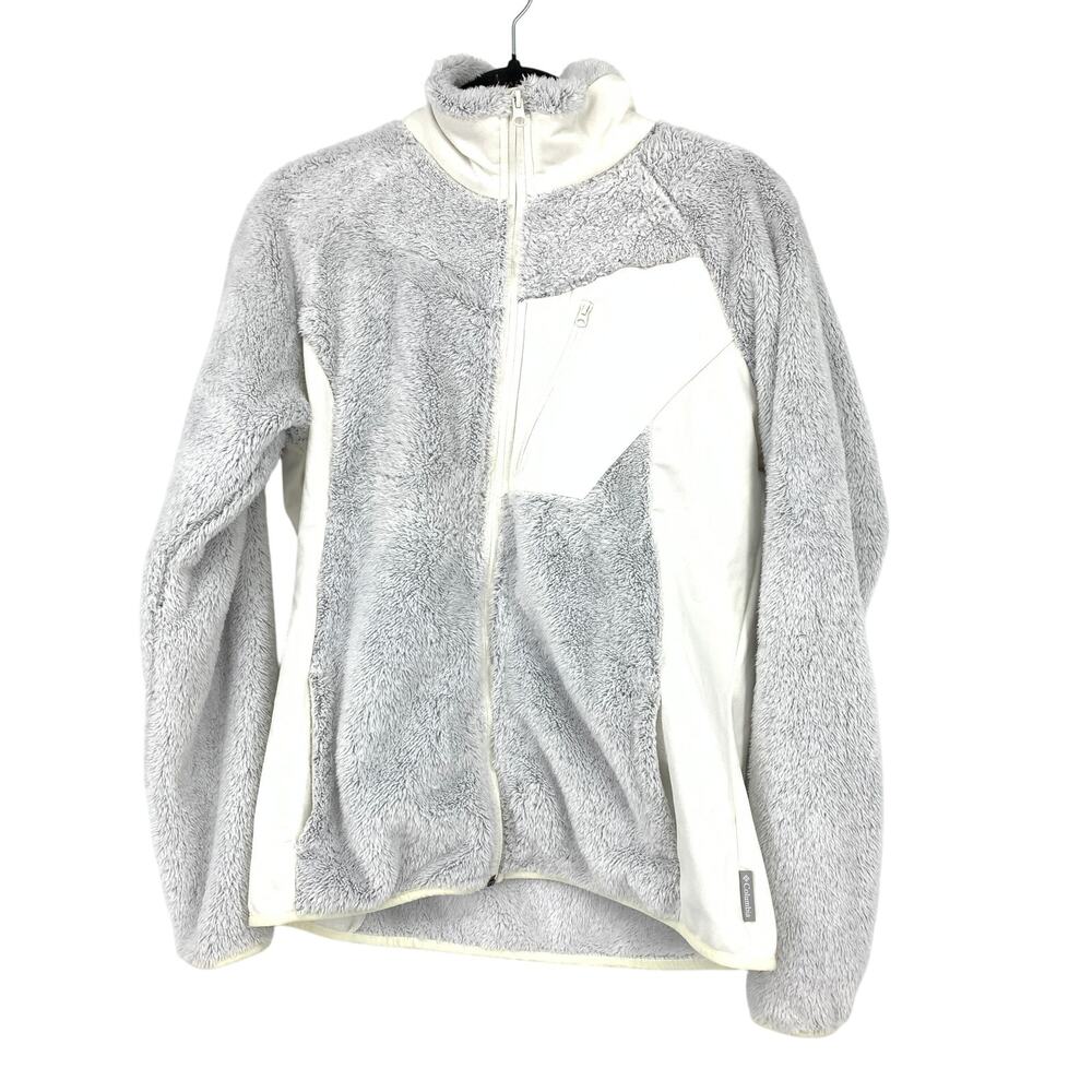 Columbia Fleece Sherpa Zip Up Jacket Womens Size Large Gray White Mock Neck